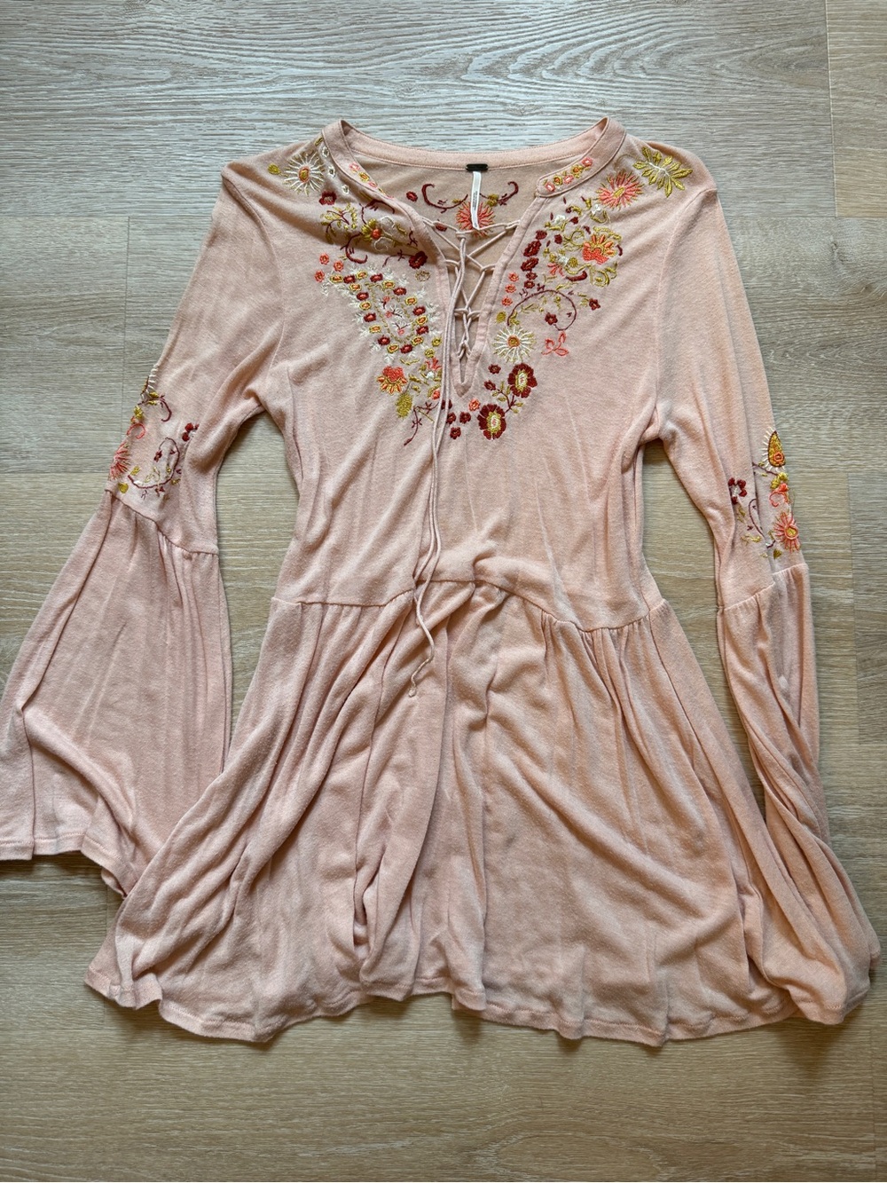 Free People Blush Pink Embroidered Tunic with Wide Bell Sleeves
